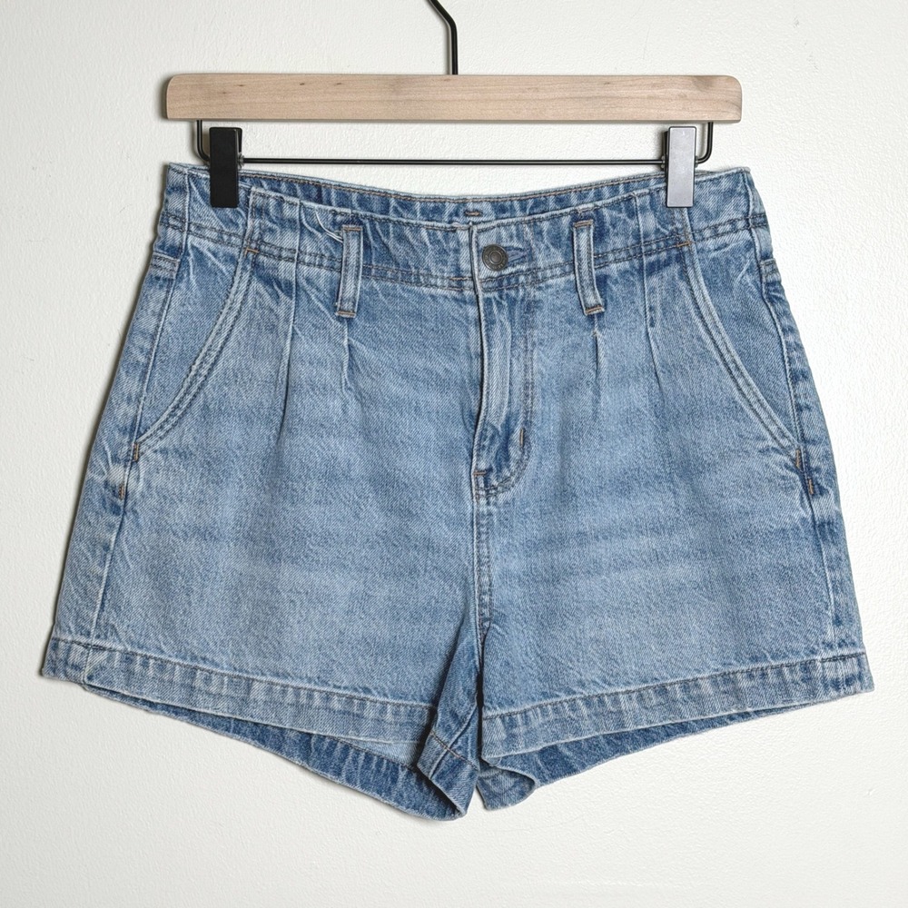 American Eagle Womens Cotton Mom Short 4 Blue Pleated High Waisted Denim